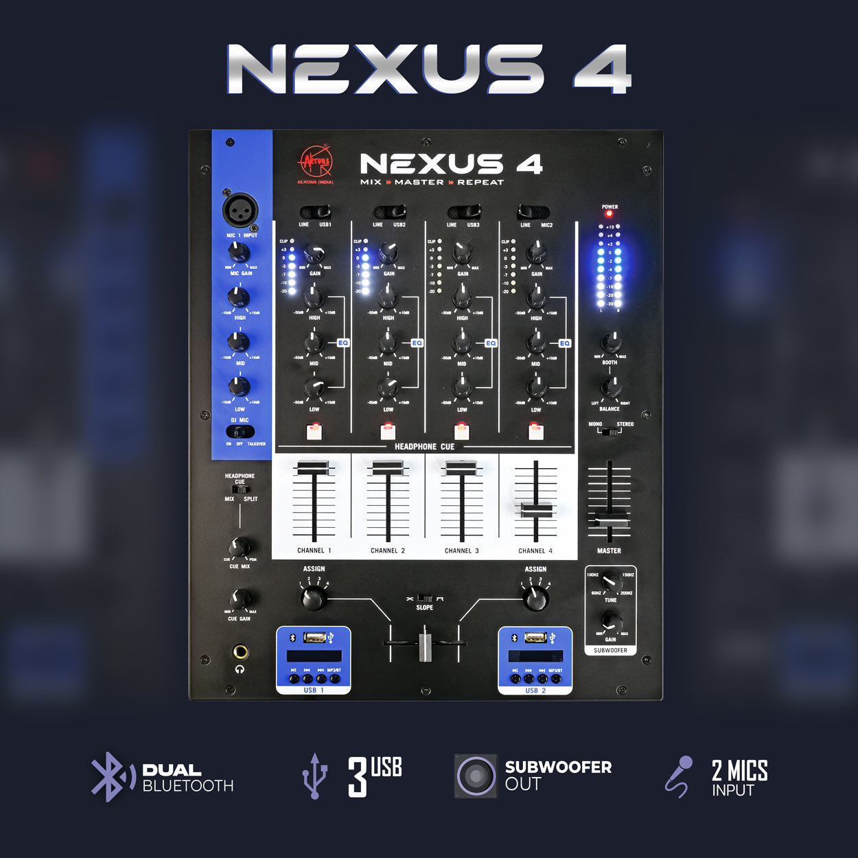 Aerons India Nexus 4 Dj Mixer With Dual Bluetooth & Subwoofer Output