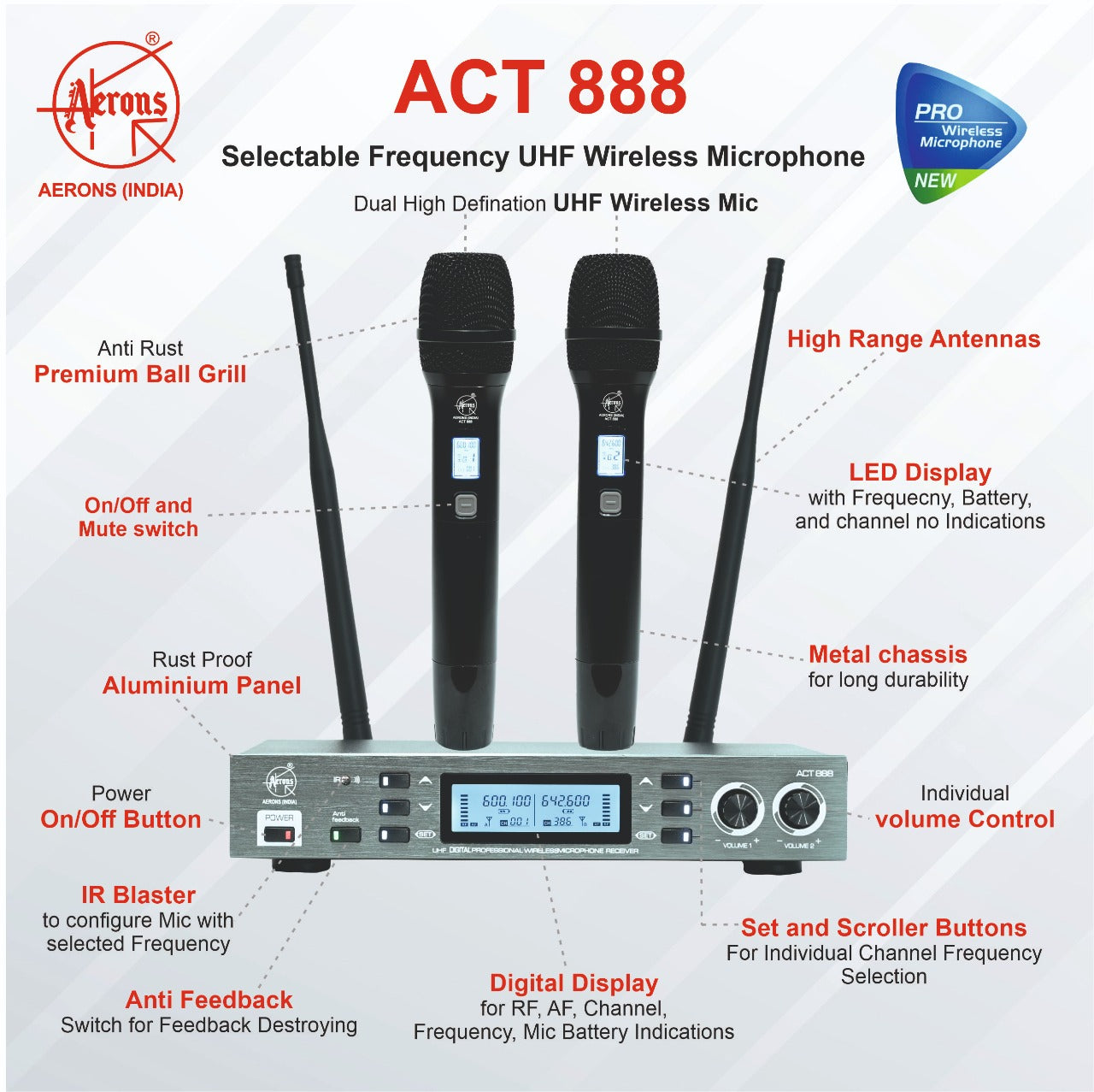 Aerons India ACT888 Dual hand Wireless Anti-Feedback Microphone